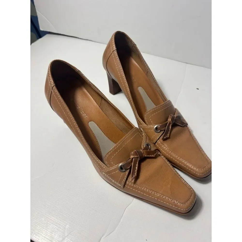 Naturalizer Kitten Heels 7.5 Brown Tan Square Toe Loafer Bow Leather 90s Y2K